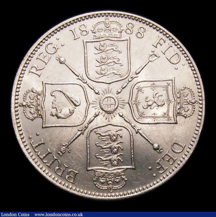 London Coins : A151 : Lot 1532 : Florin 1888 Davies 813 Dies 3A, Obverse: Truncation close to beads, Reverse: Harp's cross point...