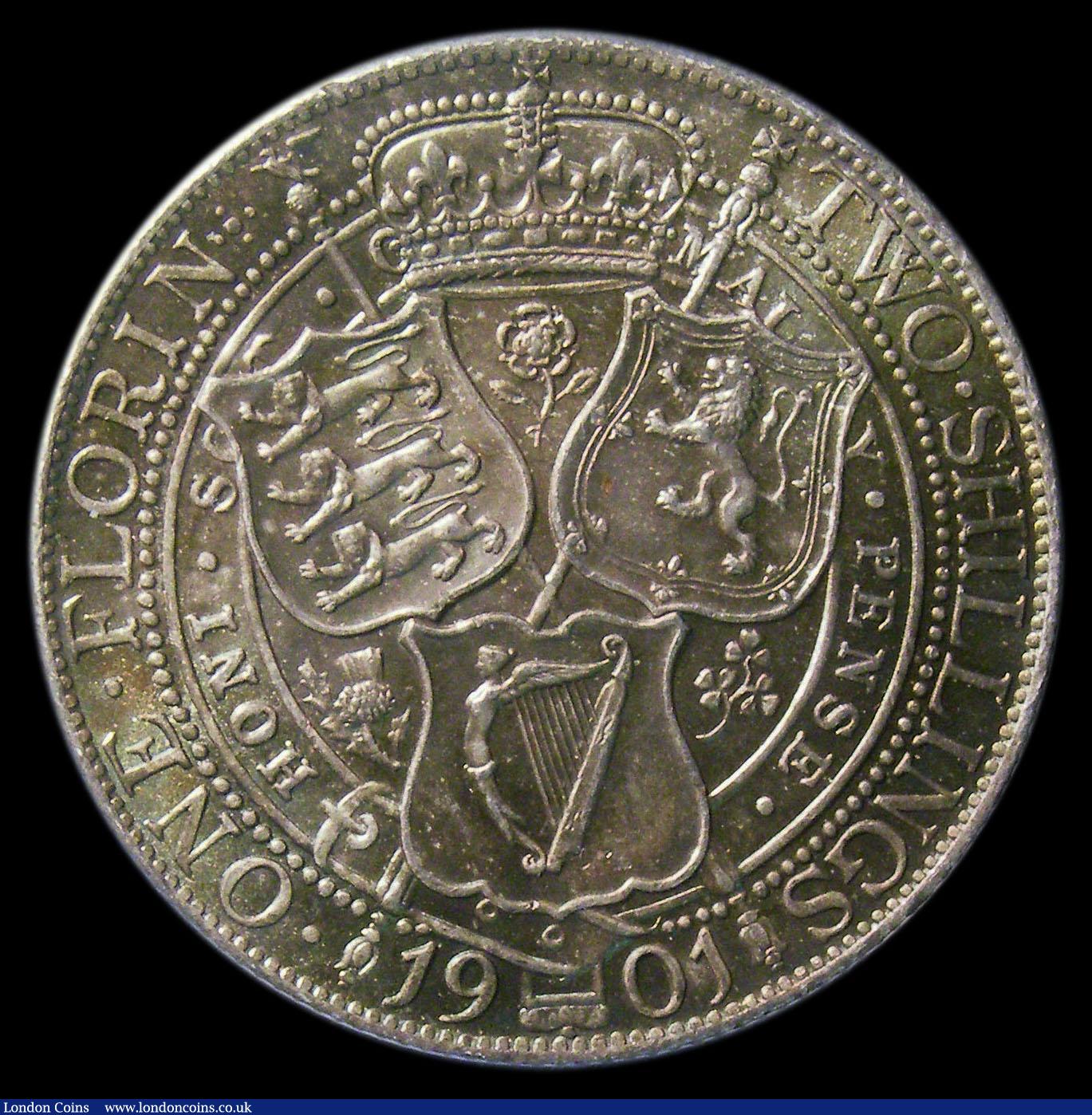 London Coins : A151 : Lot 1546 : Florin 1901 ESC 885, CGS type FL.V1.1901.01, UNC with a beautiful blue and gold tone, slabbed and gr...