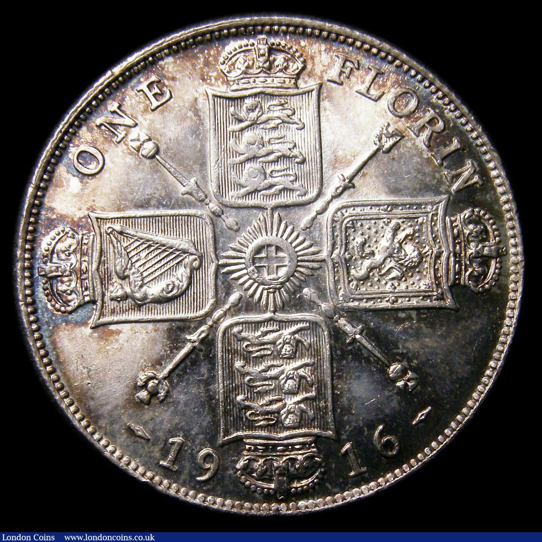 London Coins : A151 : Lot 1558 : Florin 1916 ESC 935, CGS type FL.G5.1916.01, A/UNC and attractively toned over original lustre, slab...