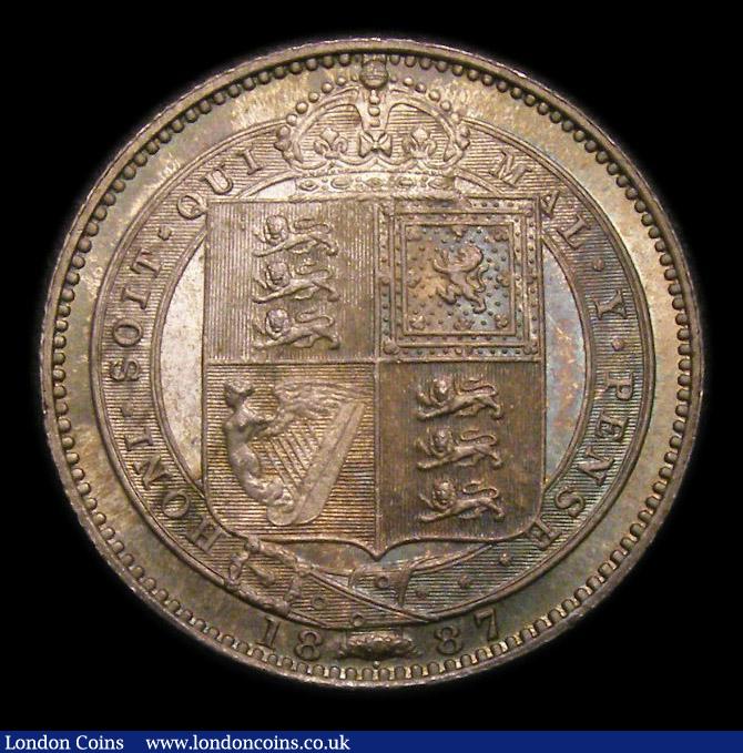 London Coins : A151 : Lot 1623 : Shilling 1887 Jubilee Head Davies 982, Dies 1C Medium Garter letters Q has curved looped tail, CGS t...