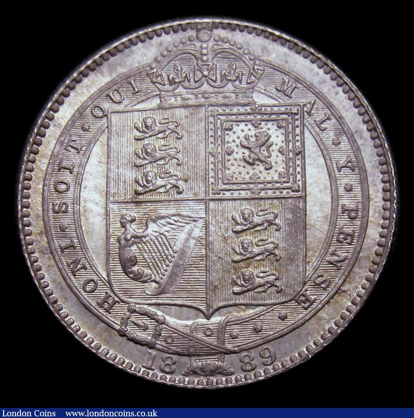 London Coins : A151 : Lot 1625 : Shilling 1889 Large Jubilee Head. Davies 987, Dies 3D, CGS type SH.V1.1889.04, UNC and deeply toned,...