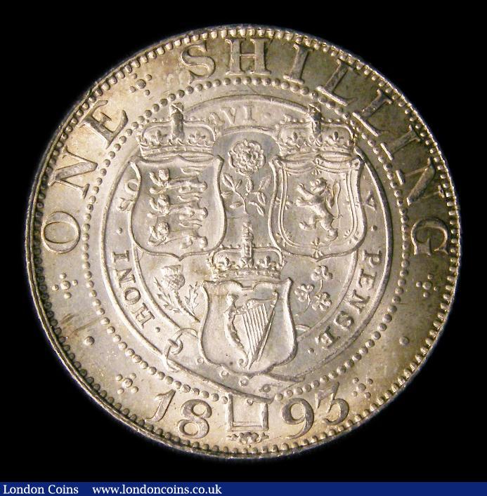 London Coins : A151 : Lot 1630 : Shilling 1893 Davies 1011 Dies 2A. Large Obverse Letters. First I of VICTORIA points between two rim...