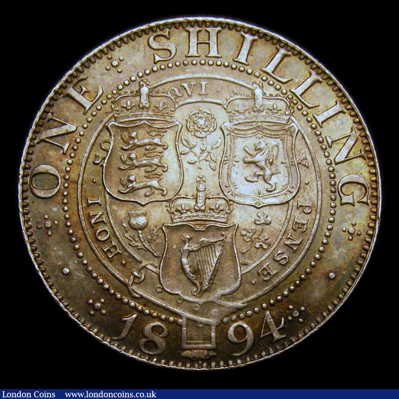 London Coins : A151 : Lot 1632 : Shilling 1894 Davies 1014  Dies 2A. Large Letters on Obverse Reverse Left Hand Cross points to a spa...