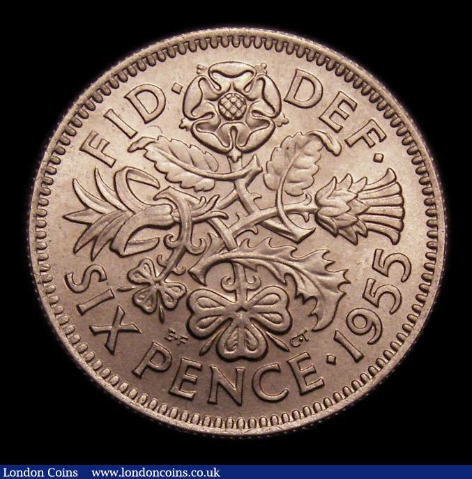 London Coins : A151 : Lot 1759 : Sixpence 1955 ESC 1838J, Davies 2492 Dies 1B: F and D of FID both point to a space, UNC and Choice, ...