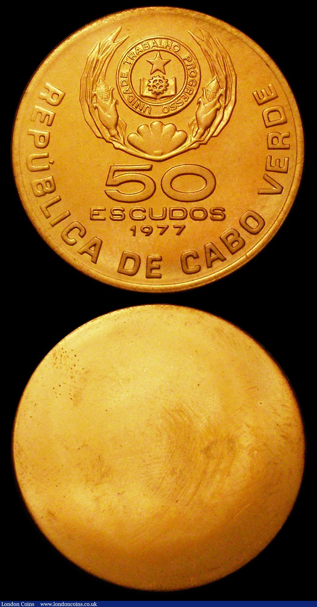 London Coins : A151 : Lot 857 : Cape Verde 50 Escudos 1977 Amicar Lopes Cabral Obverse and Reverse uniface trial pair, struck in bra...
