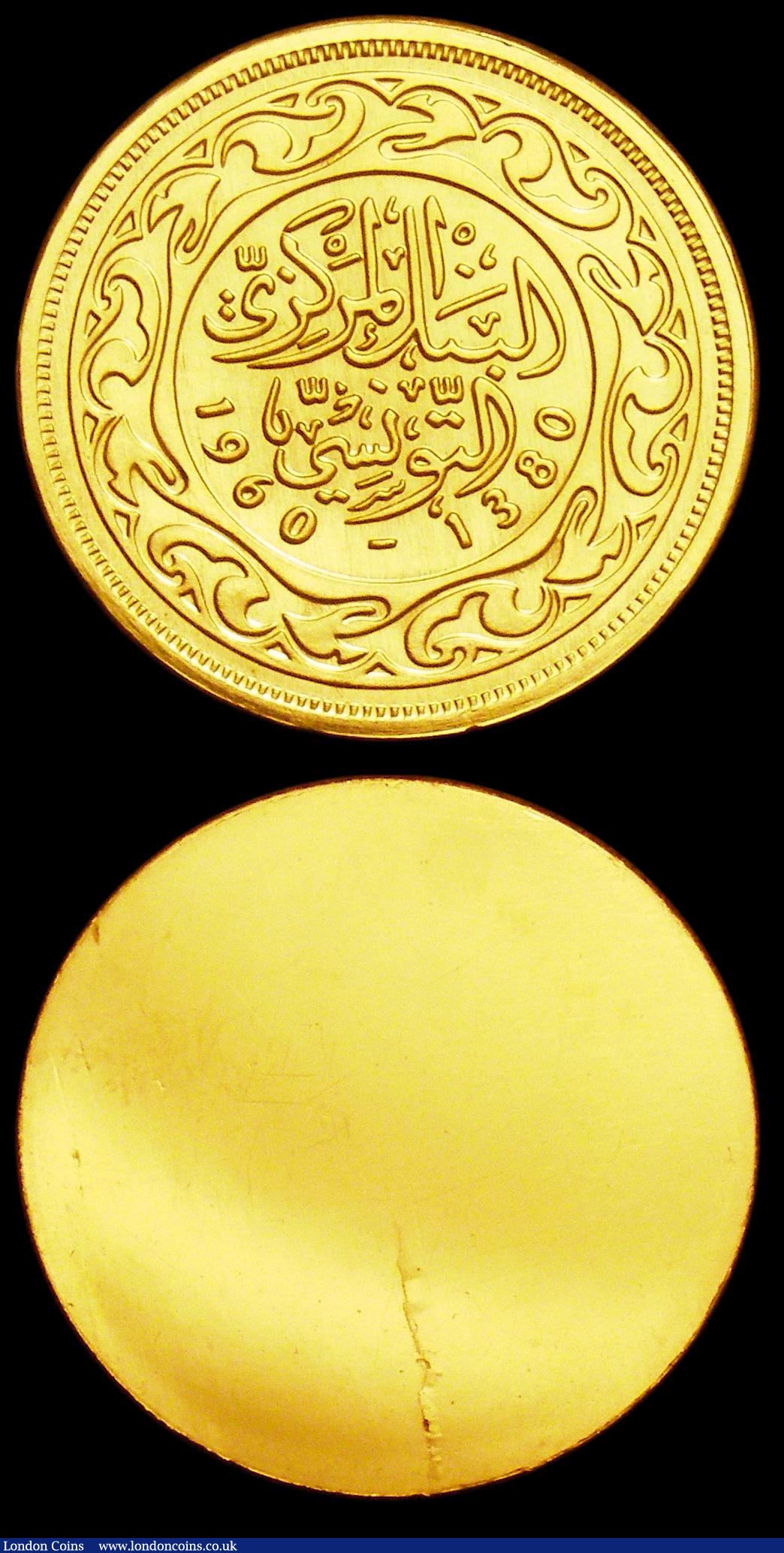 London Coins : A151 : Lot 891 : Tunisia 100 Millim 1960 Obverse and Reverse uniface trial pair,  struck in gold, design as KM#309, w...