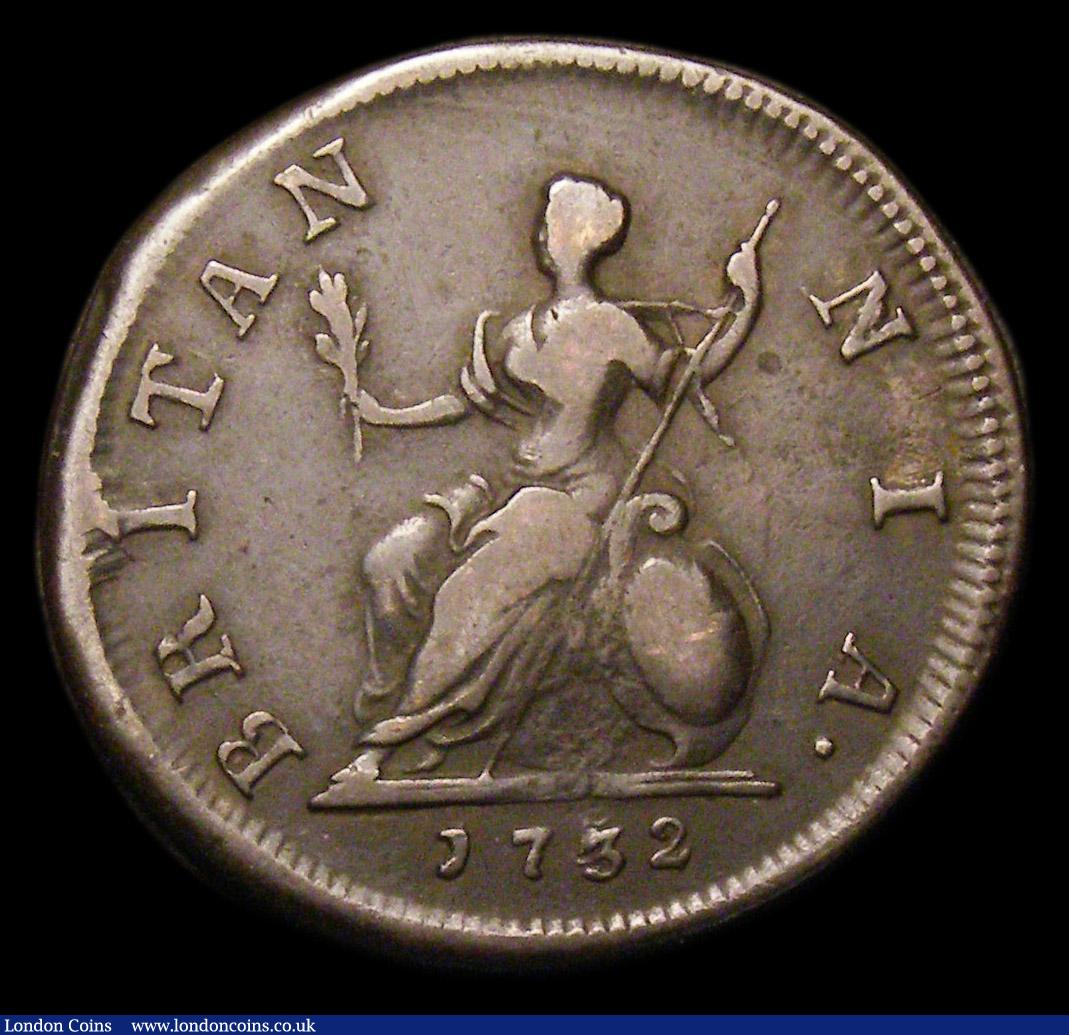 London Coins : A152 : Lot 2107 : Farthing 1732 Struck on a thin flan 4.0 to 4.3 grammes. 3 over 3 in date. Note: Cross-identified by ...