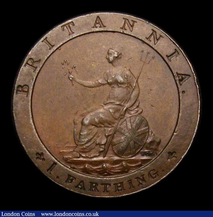 London Coins : A152 : Lot 2143 : Farthing 1798 Bronzed Copper Restrike Peck 1207, Ship almost indistinct. Second O in SOHO broken at ...