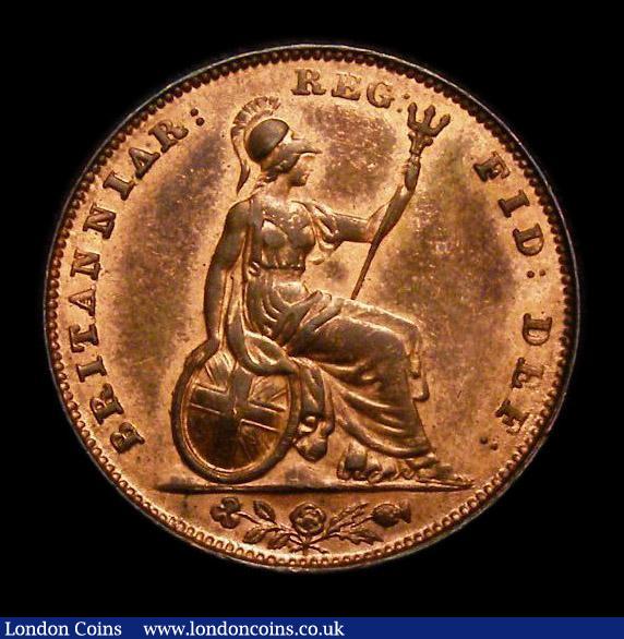 London Coins : A152 : Lot 2202 : Farthing 1843 Reverse B. (No flaw by Britannia's right arm) Reverse B. 9 1/4 teeth date spacing...