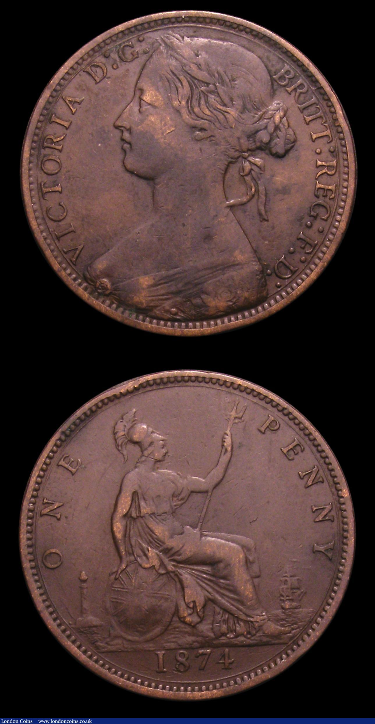 London Coins : A152 : Lot 2497 : Pennies (2) 1874H Freeman 66 dies 6+G GVF cleaned, Ex-J.Welsh 31/8/1999 &pound;35, 1874 Freeman 67 d...
