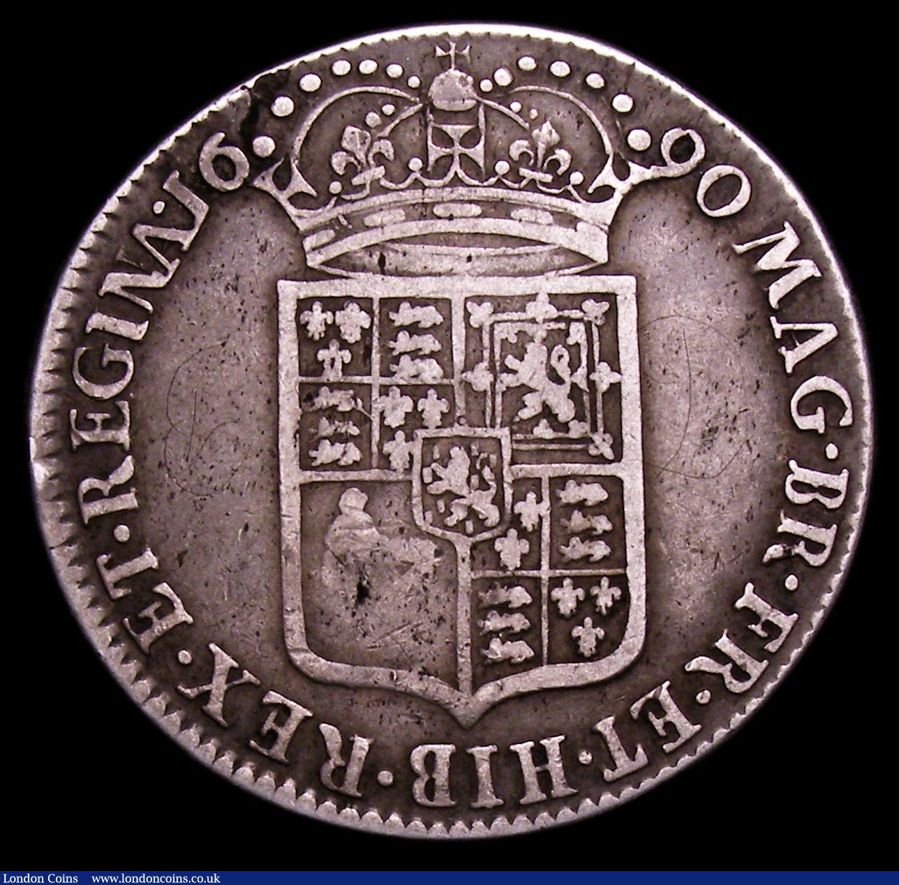 London Coins : A152 : Lot 2843 : Halfcrown 1690 ESC 513 VG or better with graffiti in the reverse fields