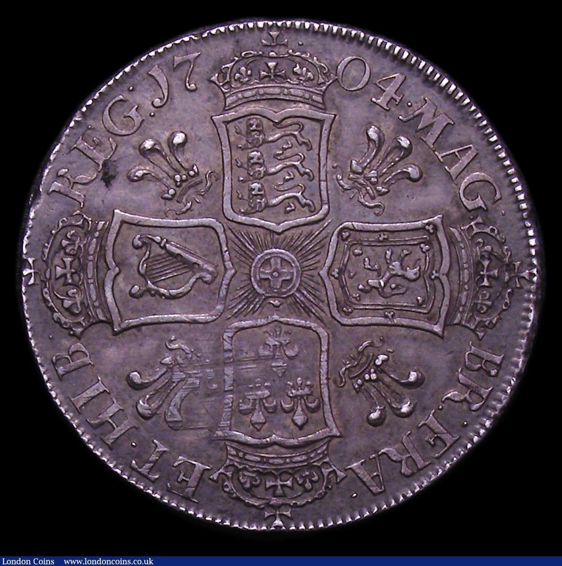 London Coins : A152 : Lot 2857 : Halfcrown 1704 TERTIO plumes in angles reverse ESC 570 (rarity 2), S3581 GVF/EF and richly toned rar...