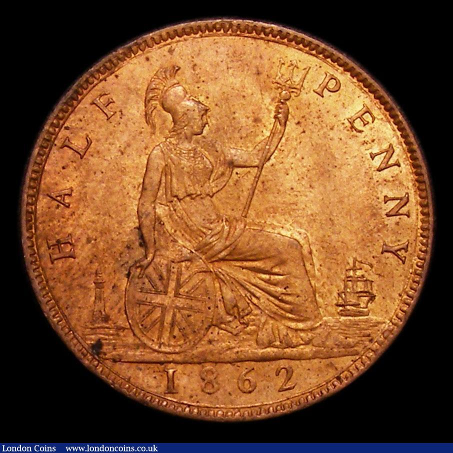 London Coins : A152 : Lot 3036 : Halfpenny 1862 No rocks to the left of the lighthouse, UNC with good lustre and some tone spots