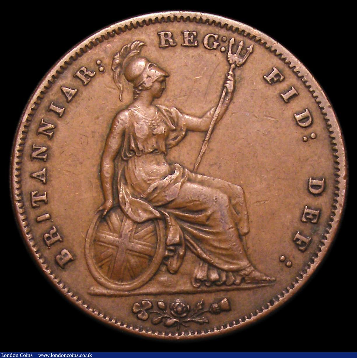 London Coins : A152 : Lot 3141 : Penny 1858 No WW, BRITANNIAR with no serifs at all to the first I, Bramah 26a NVF with a small edge ...