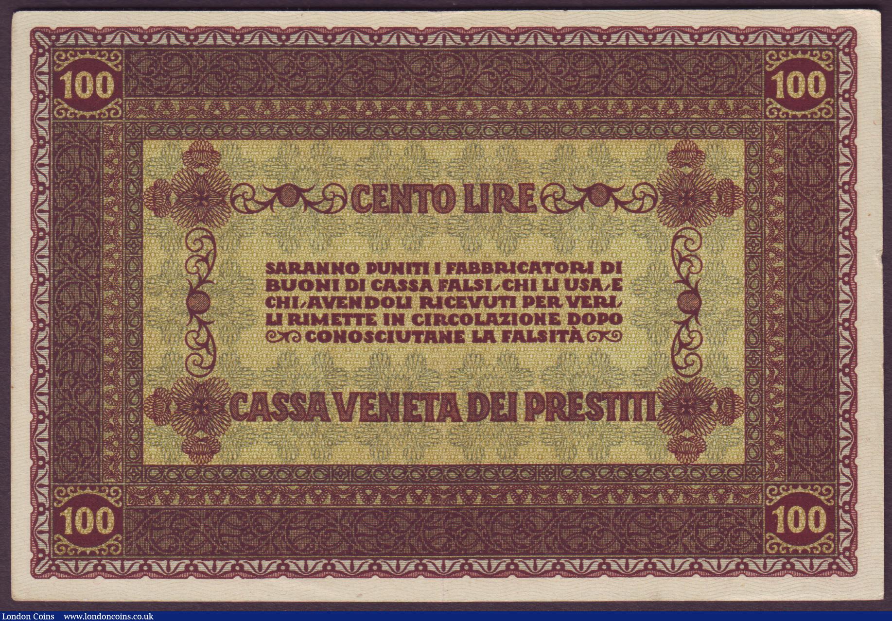 London Coins : A152 : Lot 381 : Italy 100 lire dated 2nd January 1918, Cassa Veneta dei Prestiti, series H31 No.07719, PickM8, about...