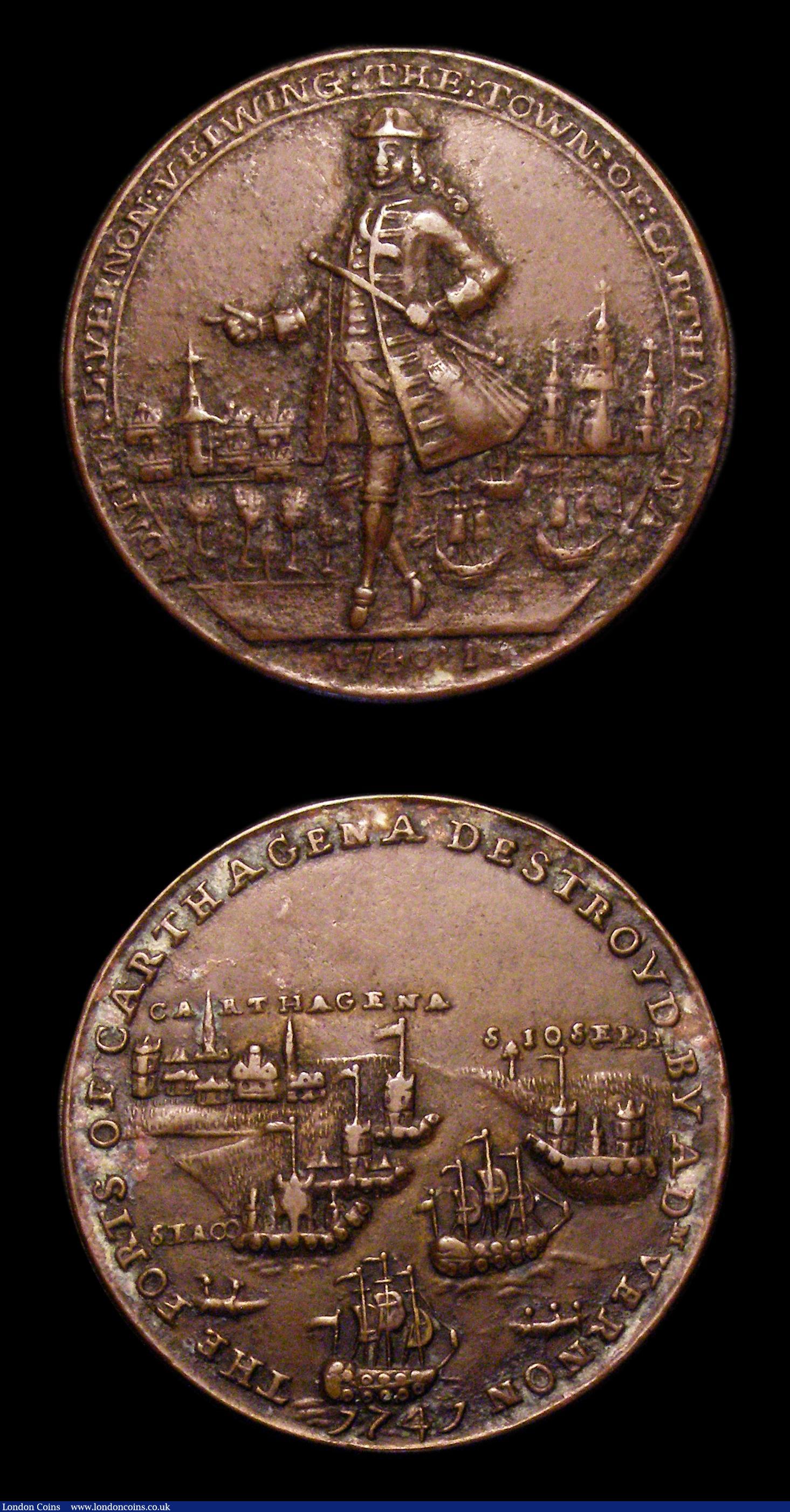 London Coins : A153 : Lot 2039 : Admiral Vernon related (2) Fort Chagre Taken 1740 37mm diameter in brass, Eimer 554 Obverse Half len...