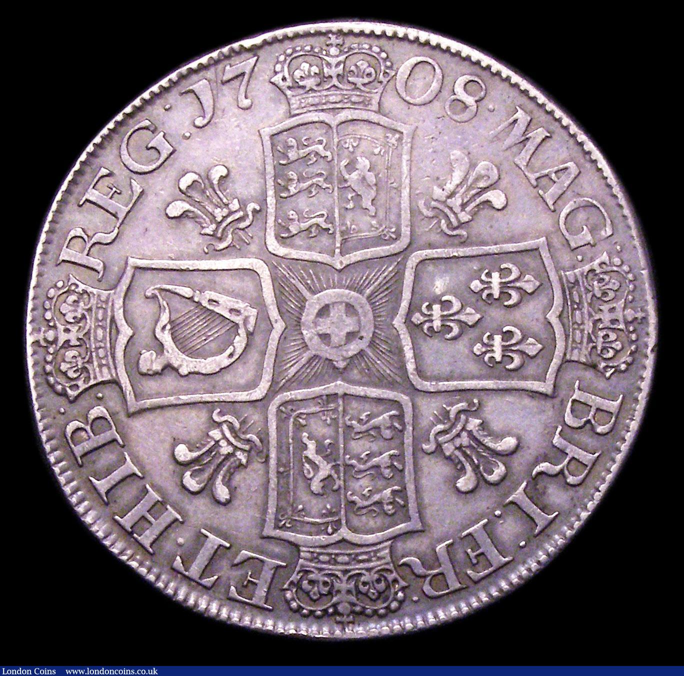 London Coins : A153 : Lot 2179 : Crown 1708 Plumes ESC 108 About Fine/Fine the obverse with some scuffs on the portrait, scarce 