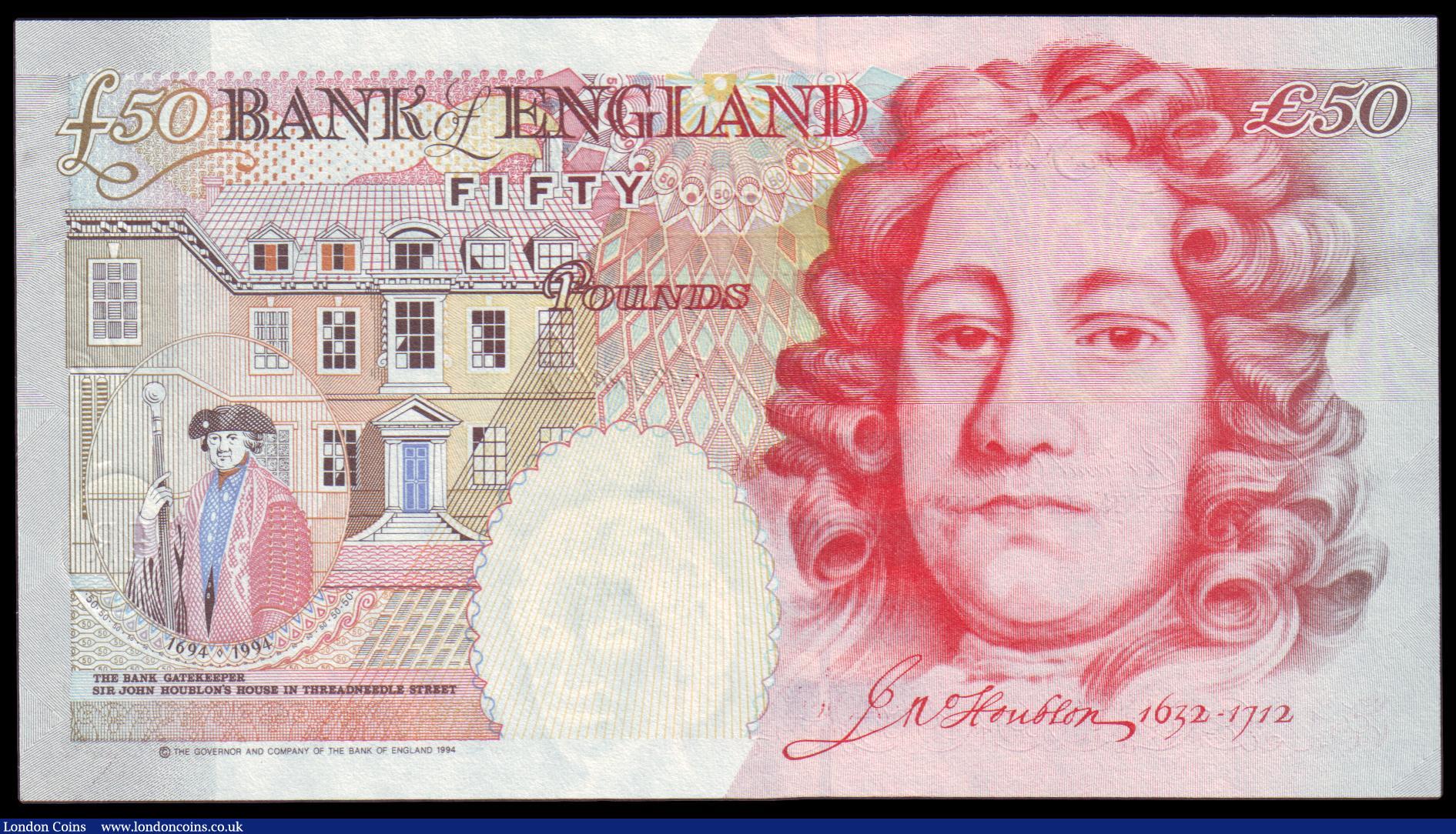 London Coins : A153 : Lot 219 : Fifty Pounds Kentfield B377 issued 1994, special low number series PW50 000028, (this note was origi...