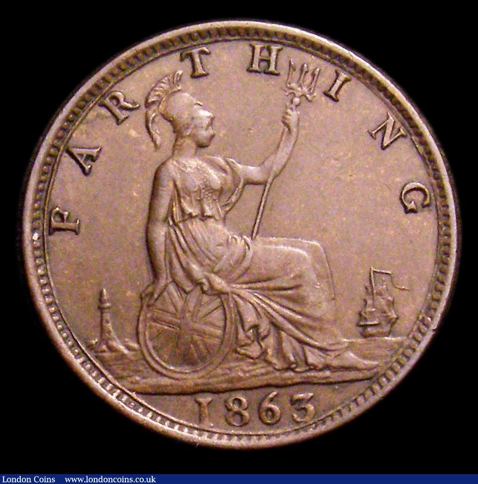 London Coins : A153 : Lot 2195 : Farthing 1863 Freeman 509 dies 3+B NEF with a small spot on the obverse