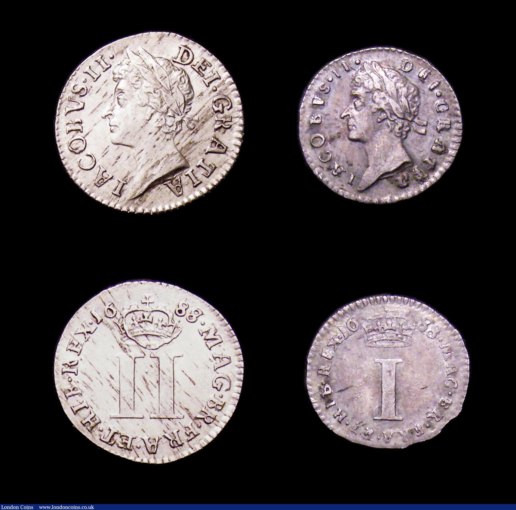 London Coins : A153 : Lot 2256 : Maundy Odds James II (4) Threepences (2) 1685 ESC 1980, Good Fine, toned, 1687 7 over 6 ESC 1983 Goo...