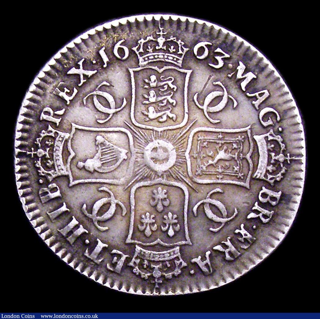 London Coins : A153 : Lot 2276 : Shilling 1663 First Bust variety ESC 1025 About VF with a scratch in the first quarter on the revers...