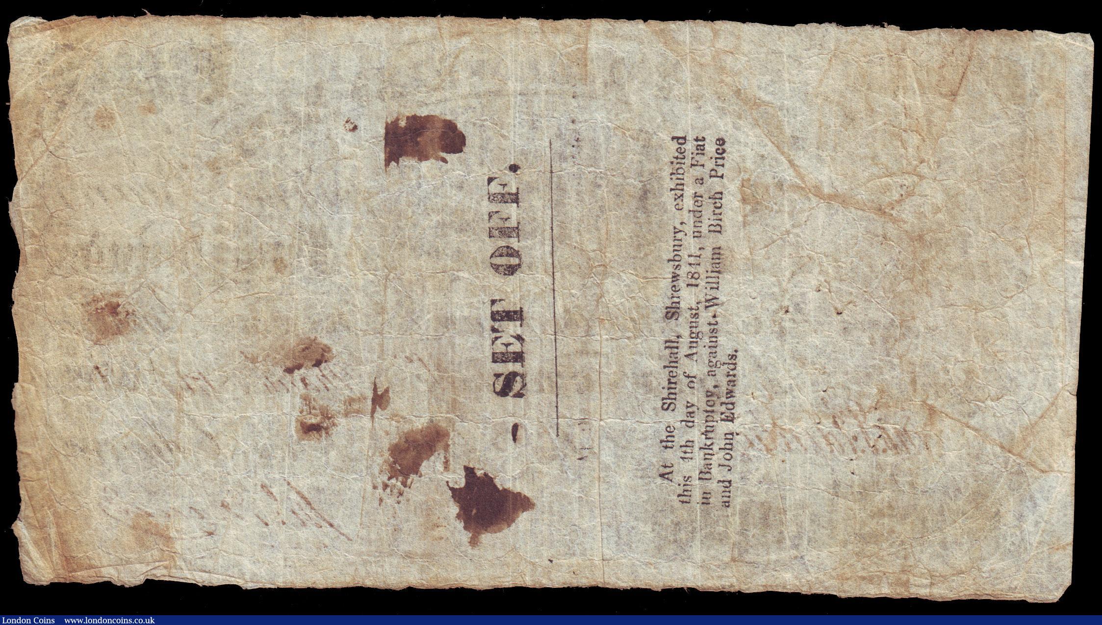 London Coins : A153 : Lot 244 : Salop & North Wales Bank &pound;5, Shrewsbury issue dated 1841 series No.B7530 for Price, Jones ...