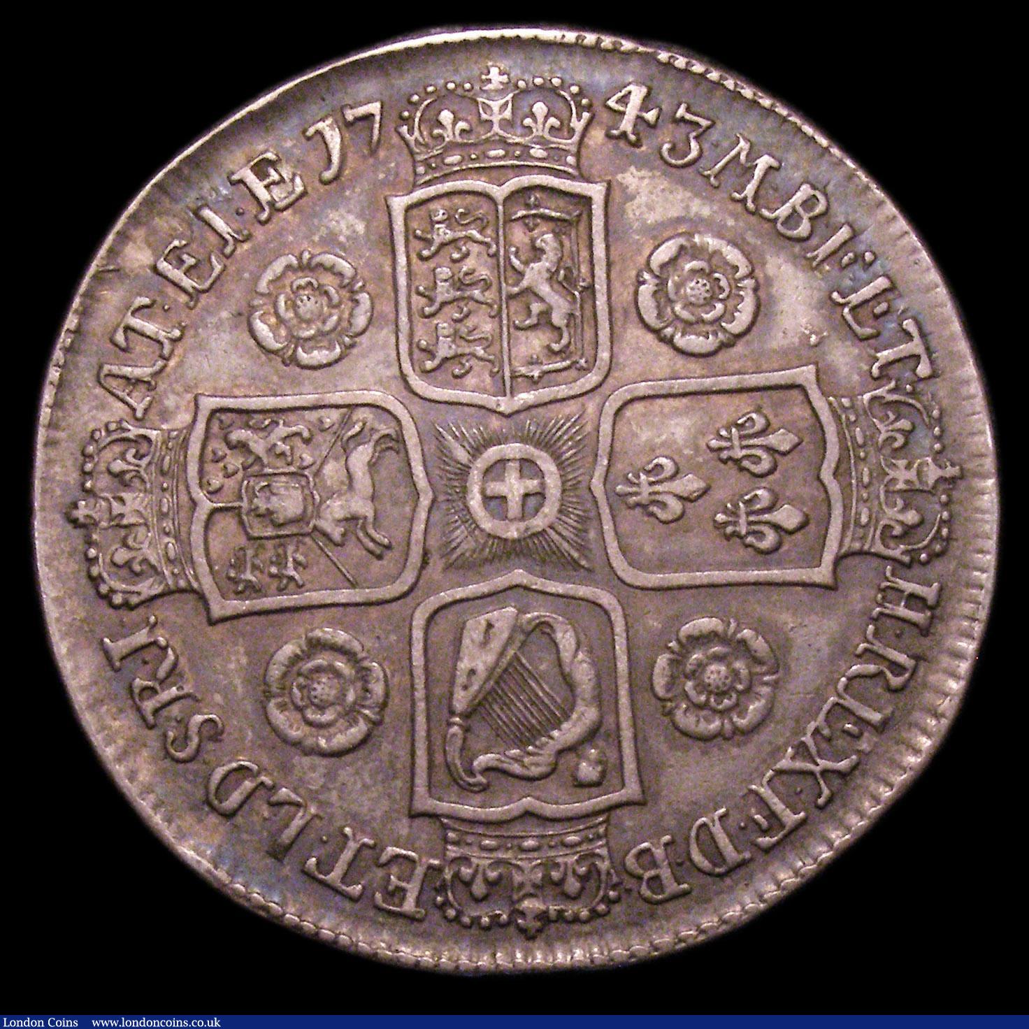 London Coins : A153 : Lot 2541 : Crown 1743 Roses ESC 124 VF and nicely toned, with a small edge bruise at 4 o'clock, struck on ...