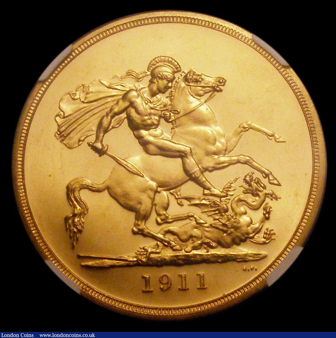 London Coins : A153 : Lot 2772 : Five Pounds 1911 Proof S.3994 nFDC with a few contact marks graded MS62 CAMEO by NGC