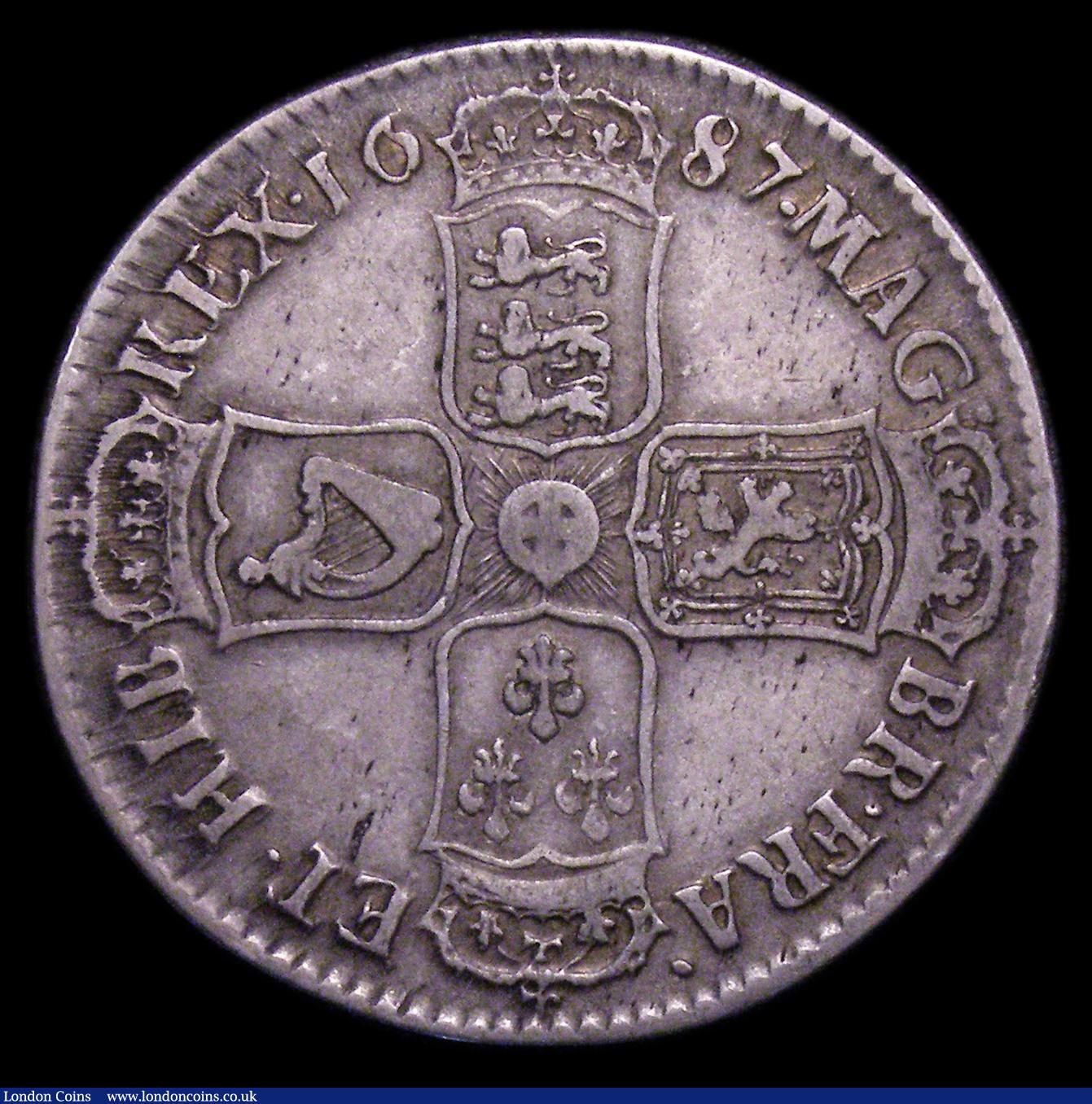 London Coins : A153 : Lot 2917 : Halfcrown 1687 TERTIO ESC 498 Good Fine or better with some light haymarking
