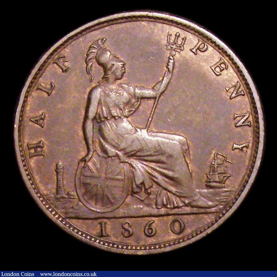 London Coins : A153 : Lot 3098 : Halfpenny 1860 Toothed Border F over P in HALF, dies as Freeman 267 dies 4+C, the complete foot and ...