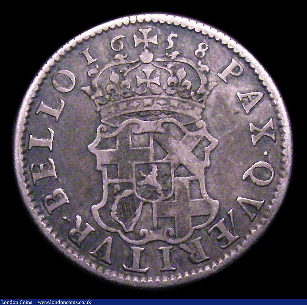 London Coins : A153 : Lot 3211 : Shilling 1658 Cromwell ESC 1005 Fine with some scratches on the obverse