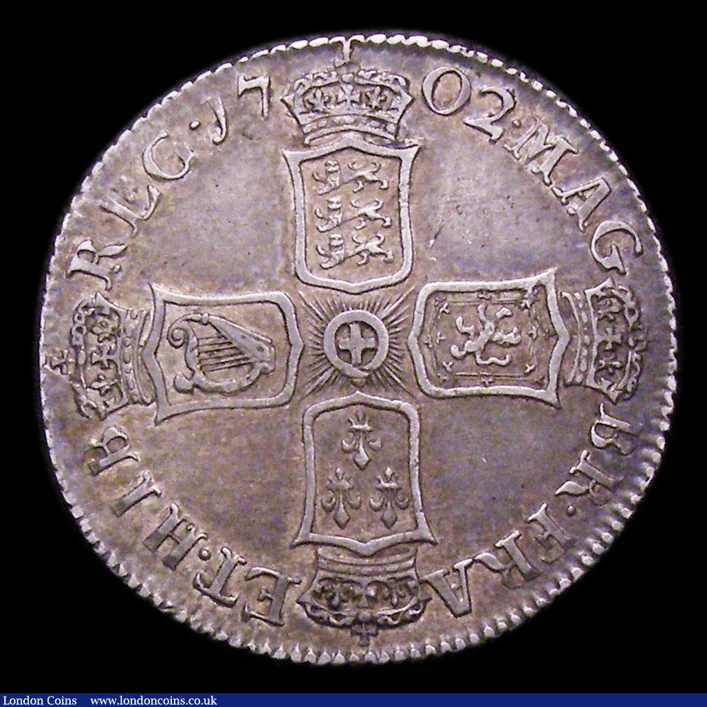 London Coins : A153 : Lot 3239 : Shilling 1702 First Bust, ESC 1128 NVF with some haymarking