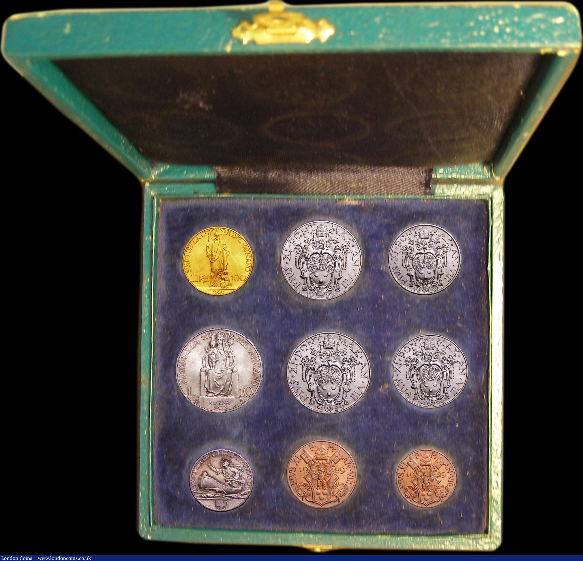 London Coins : A153 : Lot 709 : Vatican City Mint Set 1929 9 coin set with the 100 Lire Gold issue, first year of issue KM MS1 10,00...