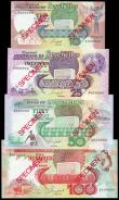 London Coins : A153 : Lot 412 : Seychelles (4) SPECIMENS No.0301, 10 rupees, 25 rupees, 50 rupees & 100 rupees, all issued 1989 ...