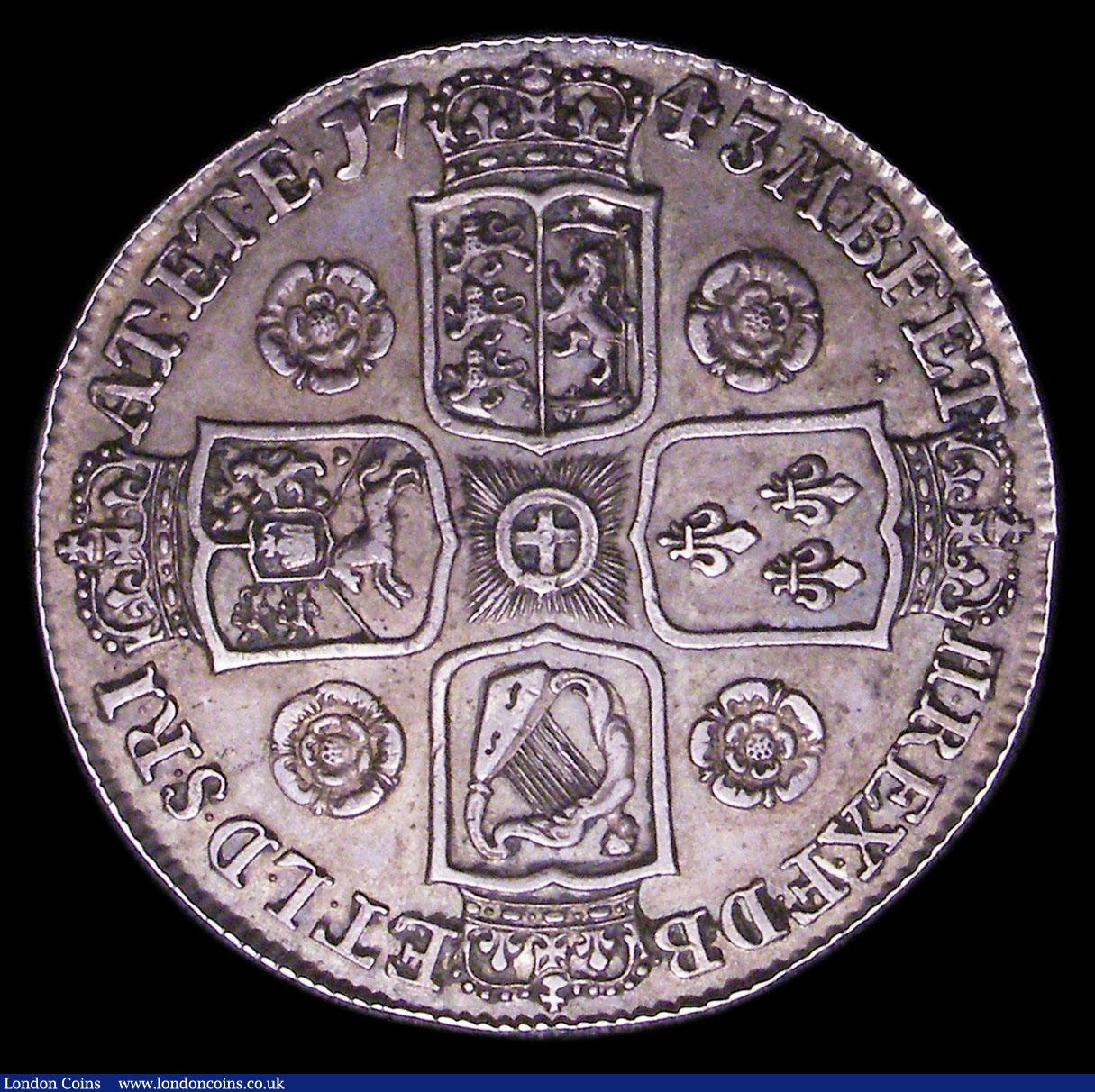 London Coins : A154 : Lot 1746 : Crown 1743 Roses ESC 124 even tone EF with a very minor edge bruise 11 o'clock obverse this too...