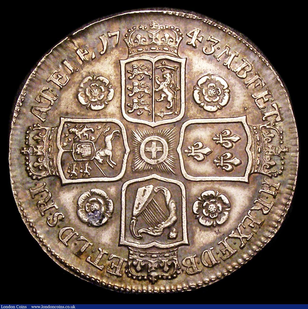 London Coins : A154 : Lot 1747 : Crown 1743 Roses ESC 124 GVF toned the reverse with a small edge crack and a small silvered area on ...