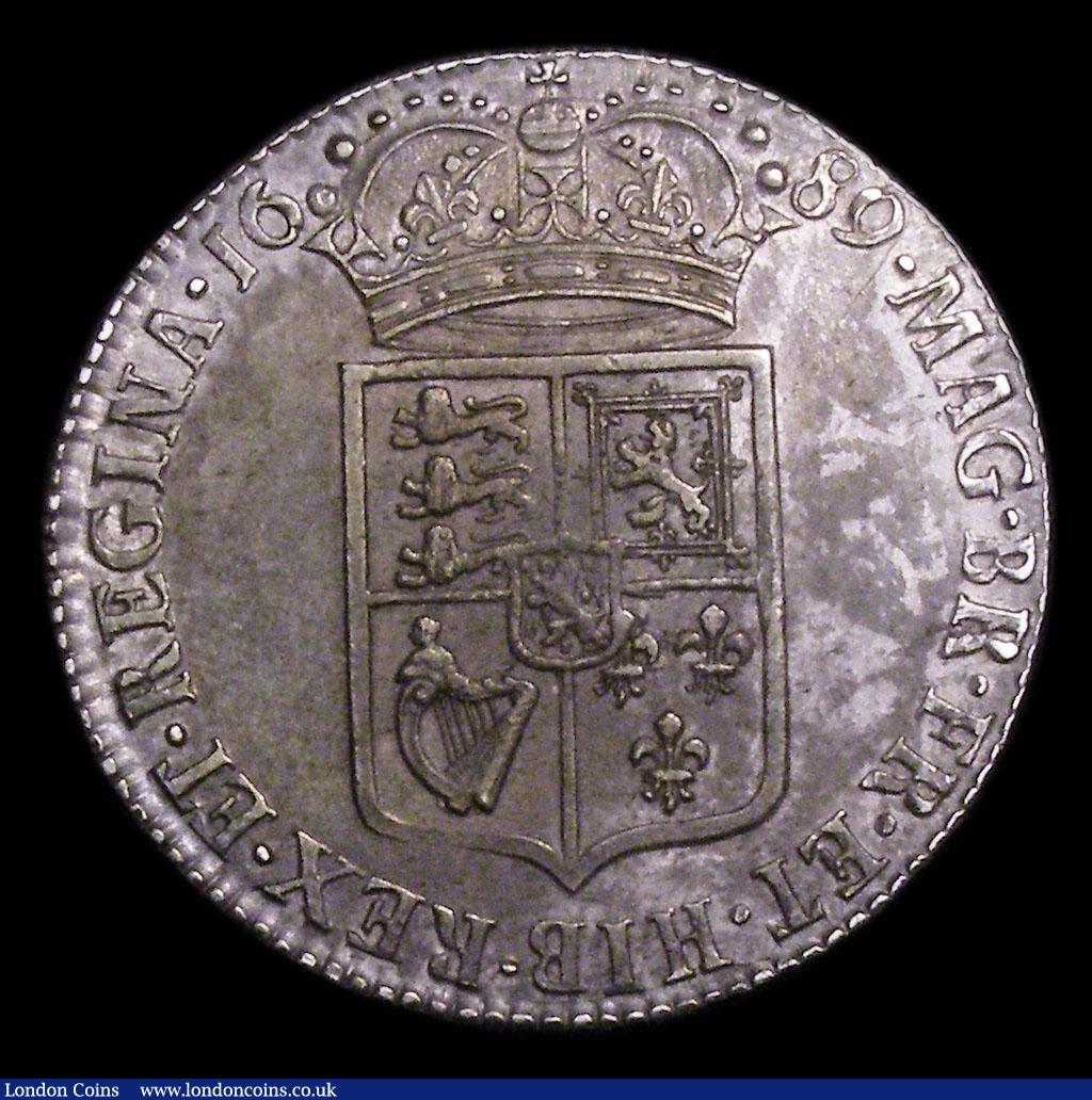 London Coins : A154 : Lot 2120 : Halfcrown 1689 First Shield, Caul only frosted, with pearls ESC 505 GVF/NEF toned, the portraits wit...
