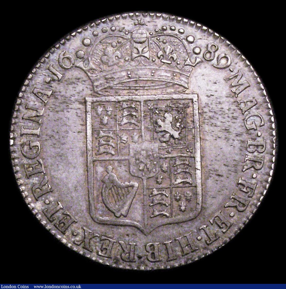 London Coins : A154 : Lot 2123 : Halfcrown 1689 Second Shield, Caul only frosted, with pearls, ESC 505 GVF/NEF pleasantly toned with ...