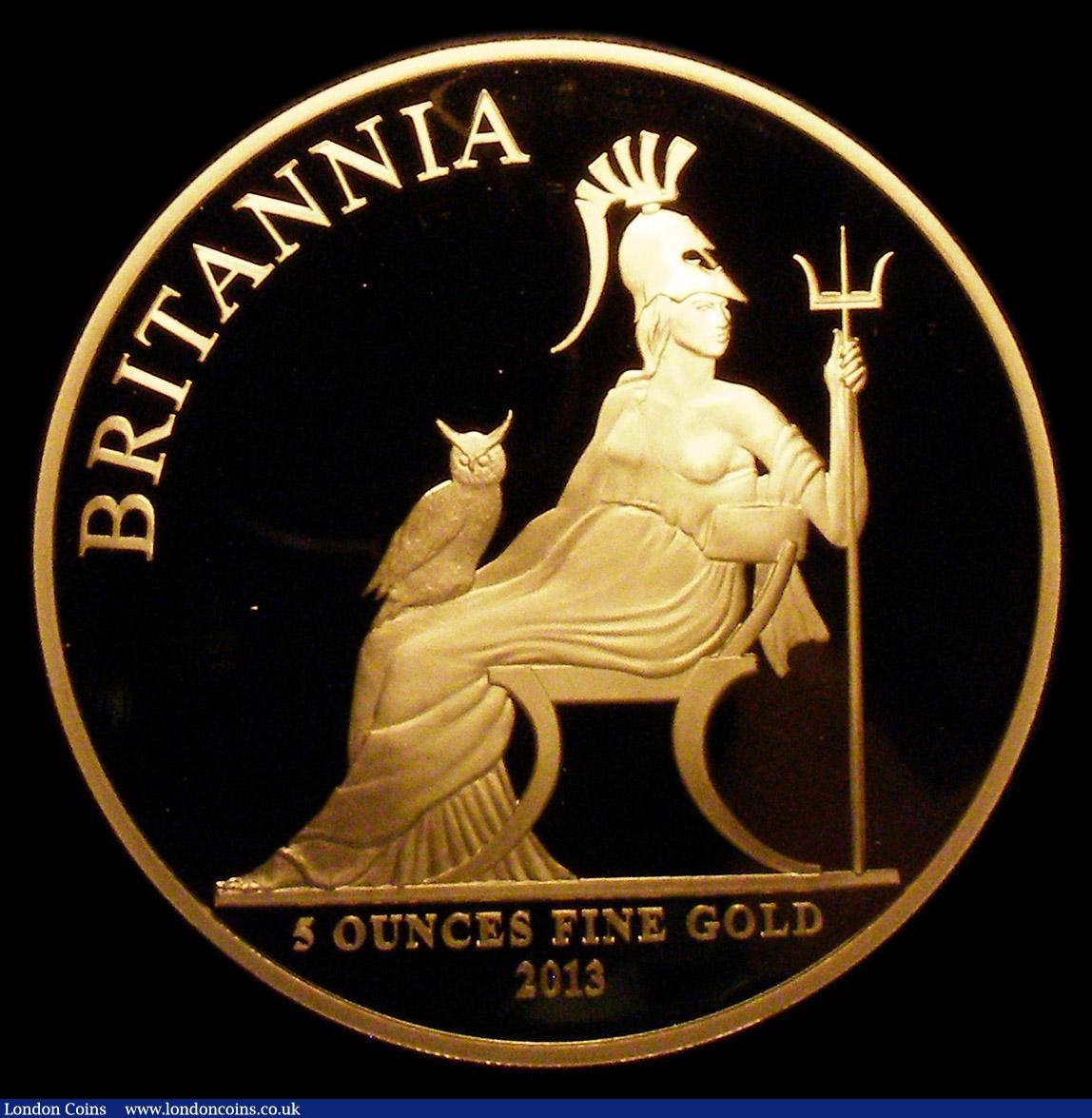 London Coins : A154 : Lot 396 : Britannia Gold &pound;500 2013 5 ounces of fine gold Proof FDC in the impressive Royal Mint box with...