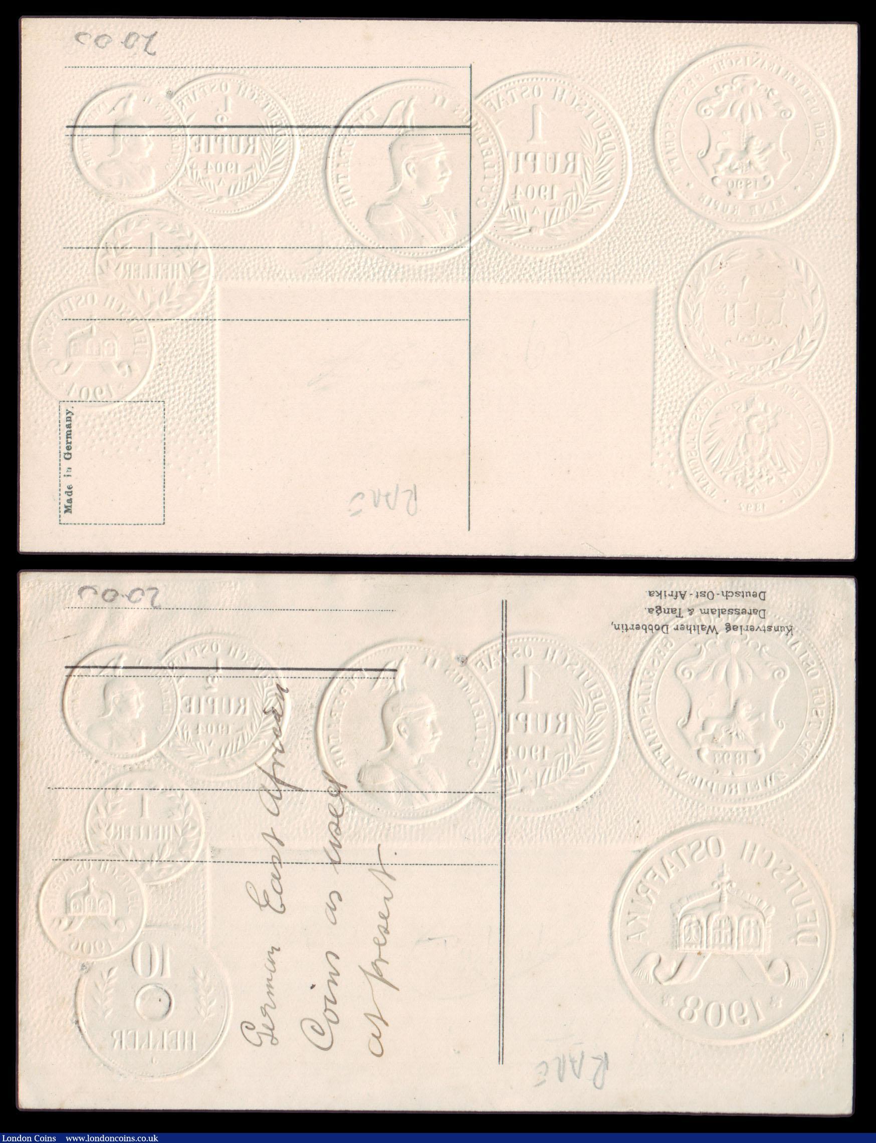 London Coins : A155 : Lot 1862 : German East Africa coin card postcards (2) slightly different designs but one in German and the othe...