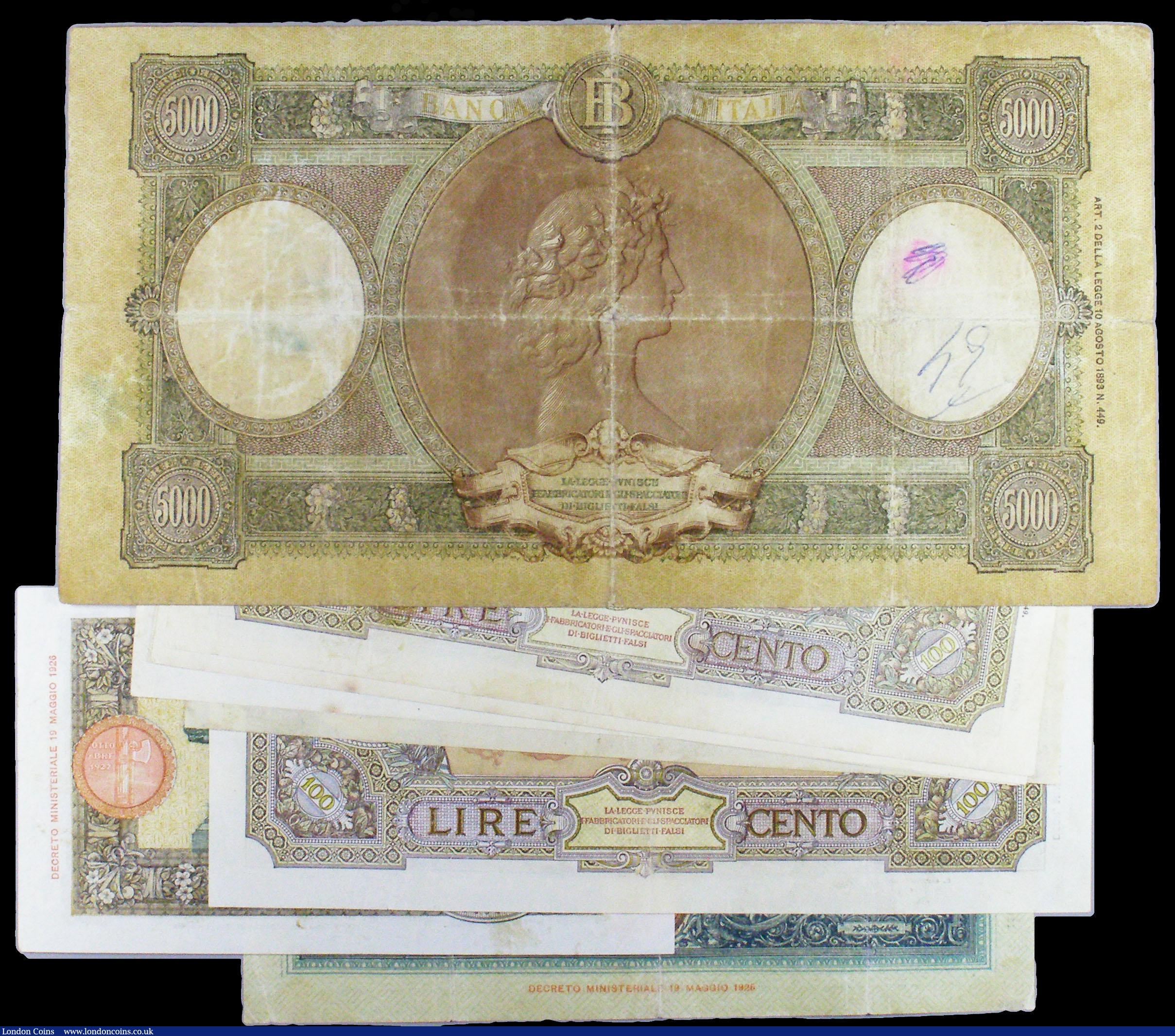 London Coins : A155 : Lot 1901 : Italy (9) 5000 Lire 1947 Pick 85c VG, 100 Lire 1931-1942 Pick  55 (6), 50 Lire (2) 1926 Pick 50c, 19...