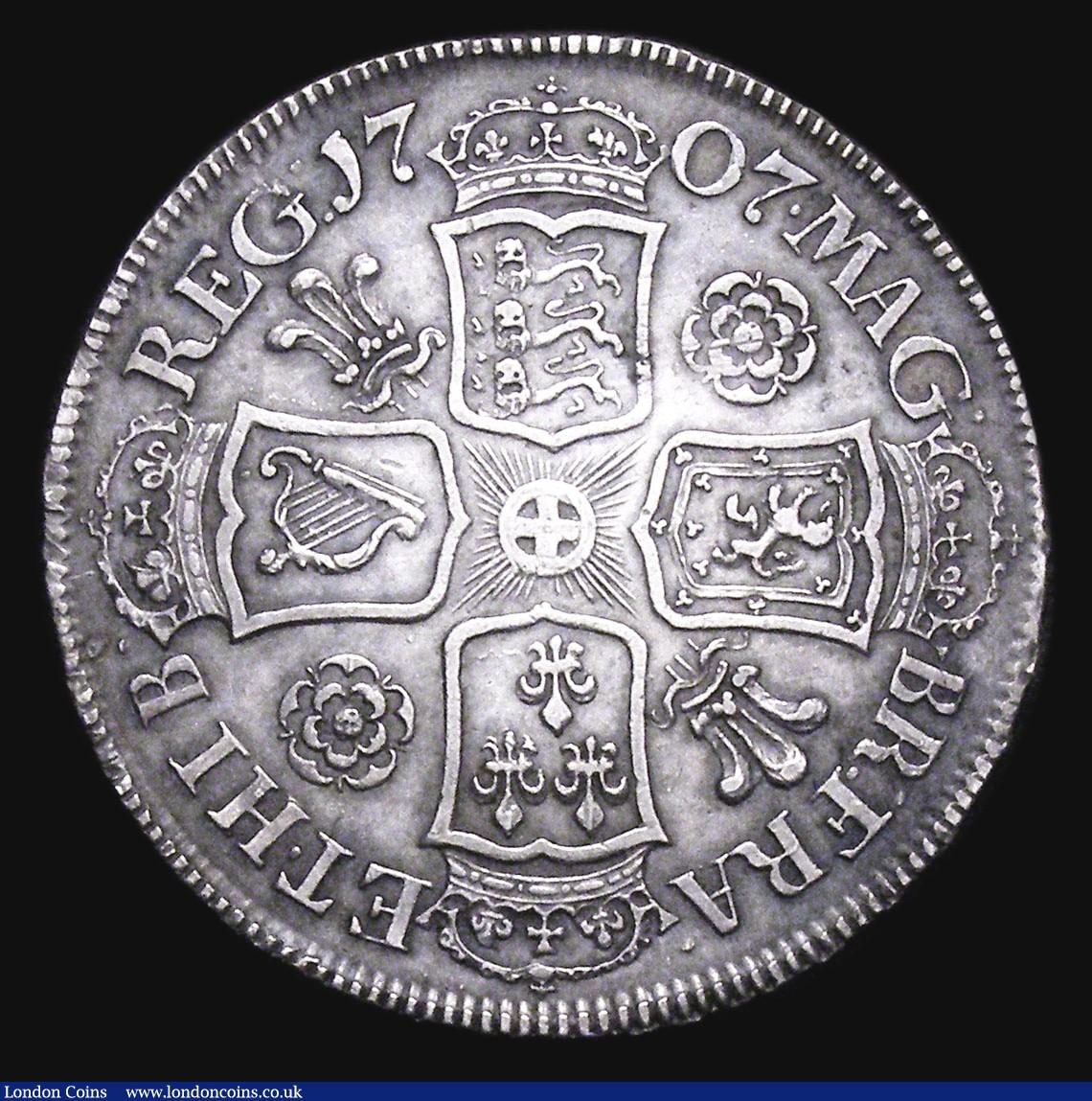 London Coins : A155 : Lot 603 : Halfcrown 1707 Roses and Plumes, SEXTO  ESC 573 VF with some light haymarking on the obverse