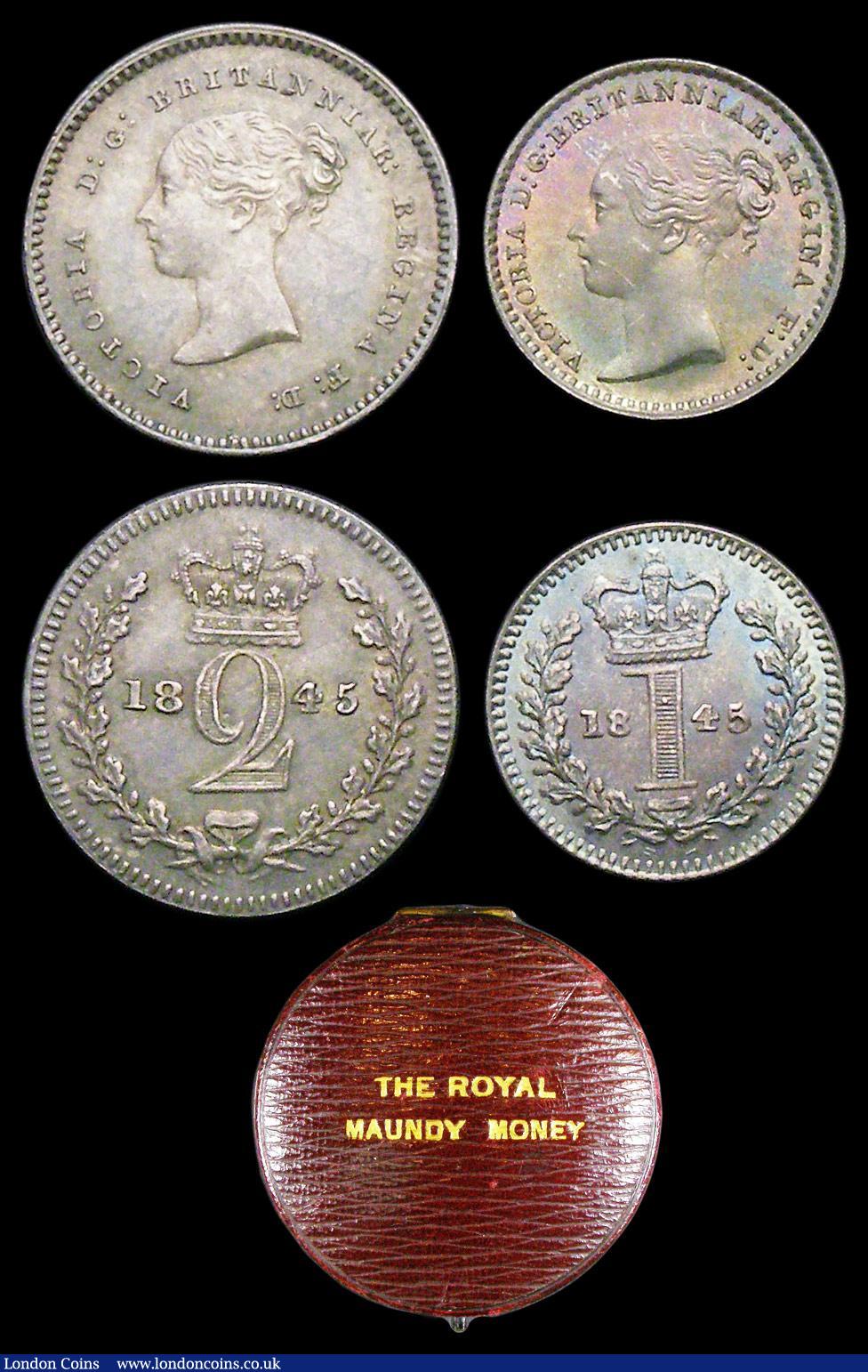 London Coins : A156 : Lot 2403 : Maundy Set 1845 ESC 2455 the Threepence with Small 8 over Large 8, UNC and attractively toned, comes...