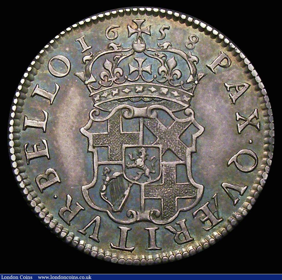 London Coins : A156 : Lot 2551 : Shilling 1658 Cromwell ESC 1005 NEF and with an attractive and even grey tone, with flashes of blue,...