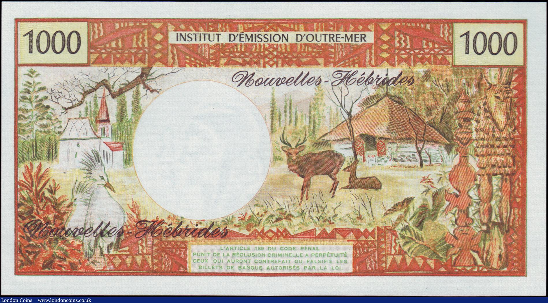 London Coins : A156 : Lot 271 : New Hebrides 1000 francs issued 1975 series G.1 38445, signature type 2, Pick20b, about UNC to UNC