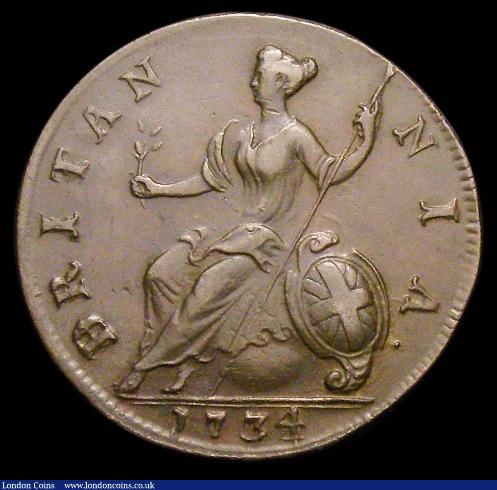 London Coins : A156 : Lot 3345 : Halfpenny 1734 B over D in BRITANNIA, the 4 struck over a lower 4, as Nicholson 236 (same dies) one ...
