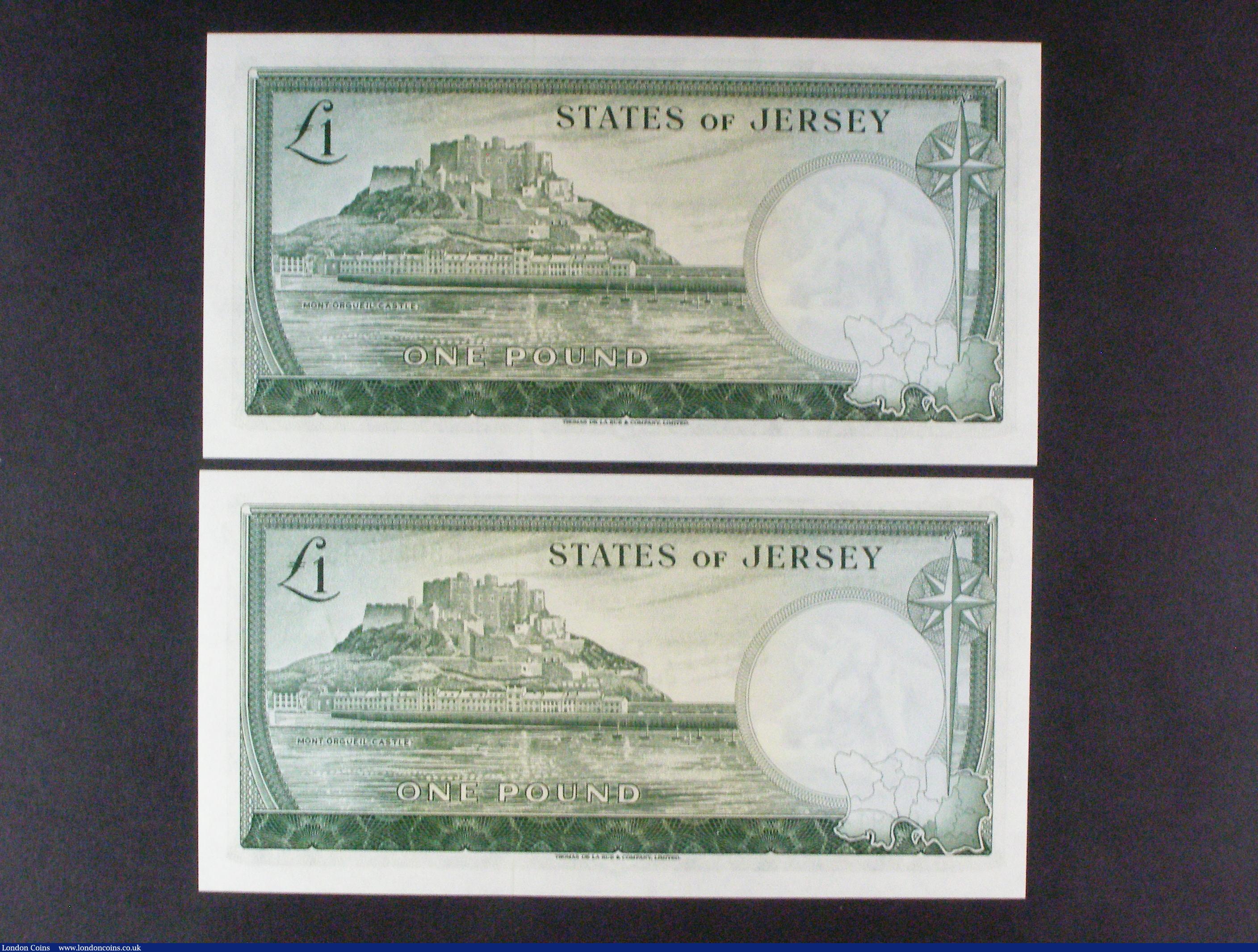 London Coins : A157 : Lot 185 : Jersey &pound;1 (2) issued 1963, QE2 at right, a consecutive pair series C891433 & C891434, Padg...