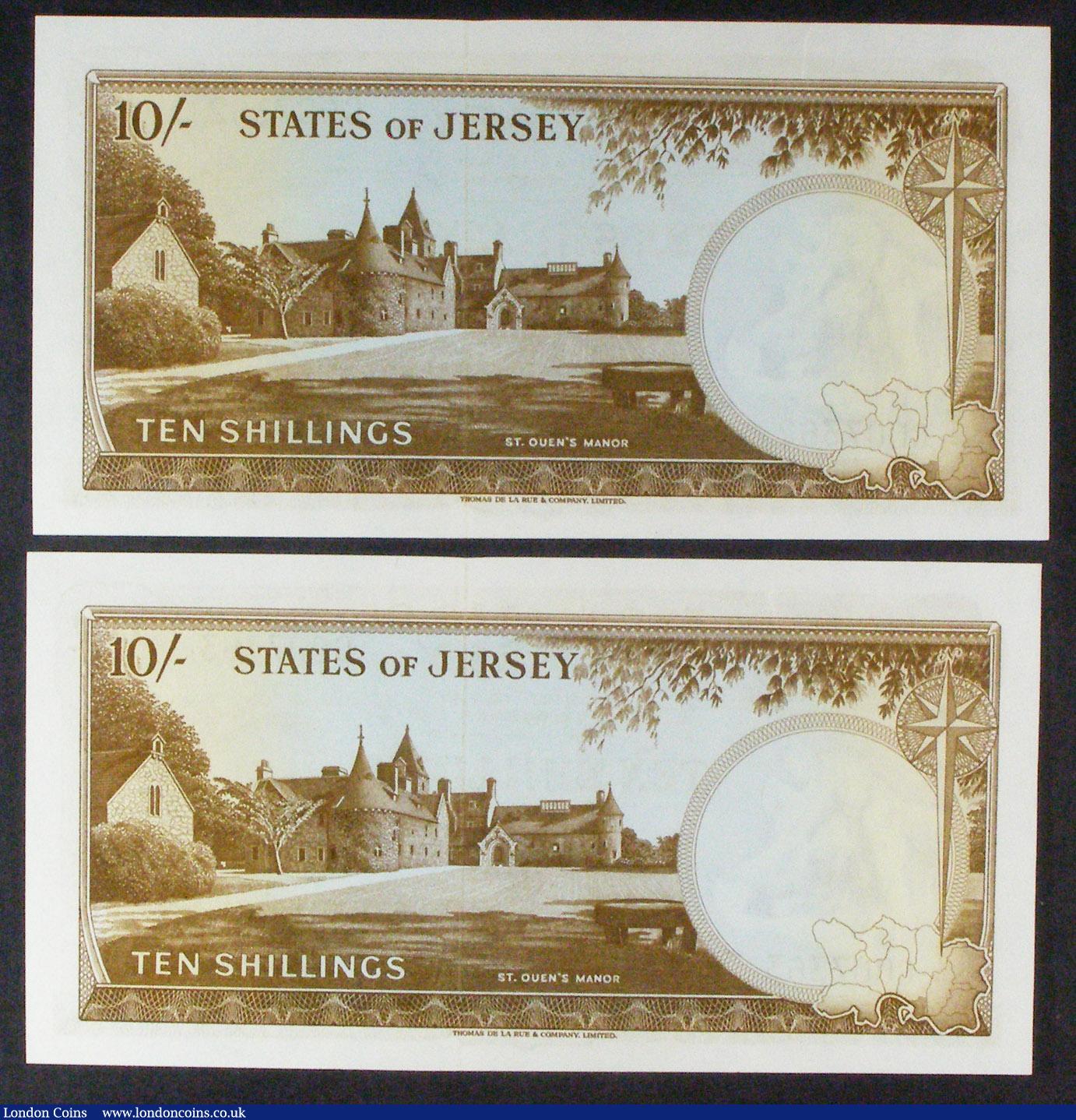 London Coins : A157 : Lot 187 : Jersey 10 shillings (2) issued 1963, QE2 at right, a consecutive pair series C007362 & C007363, ...