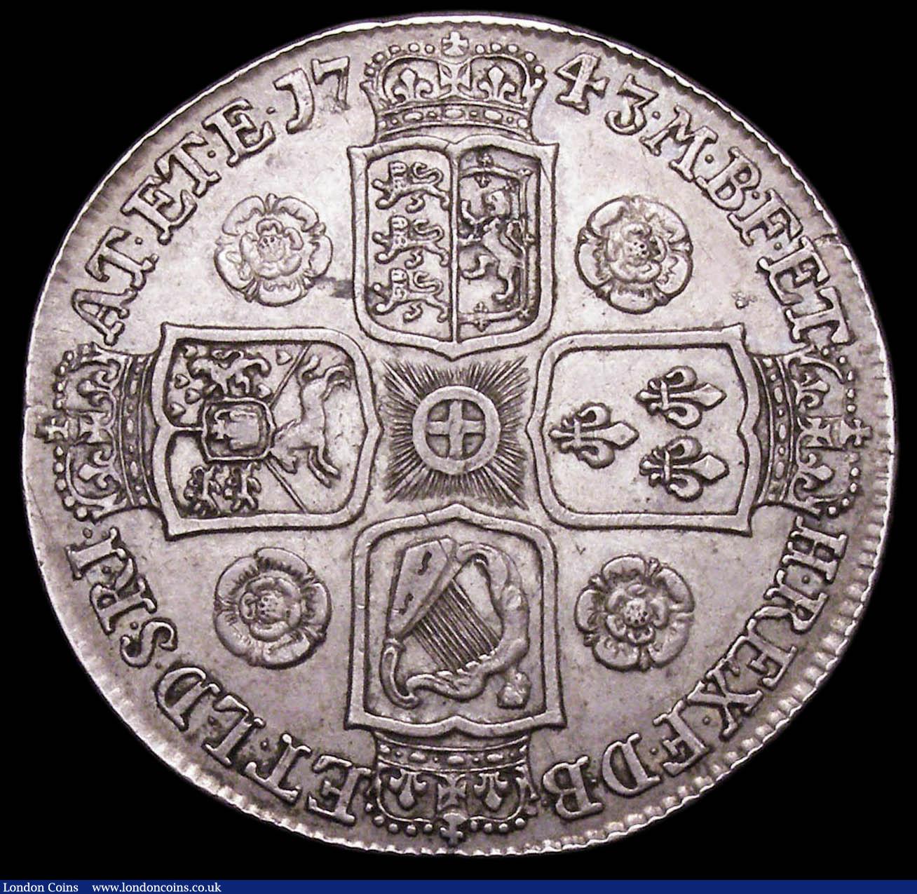 London Coins : A157 : Lot 2011 : Crown 1743 Roses ESC 124 GVF/VF with a light scratch on the King's forehead (ex LCA Lot 122 Sep...