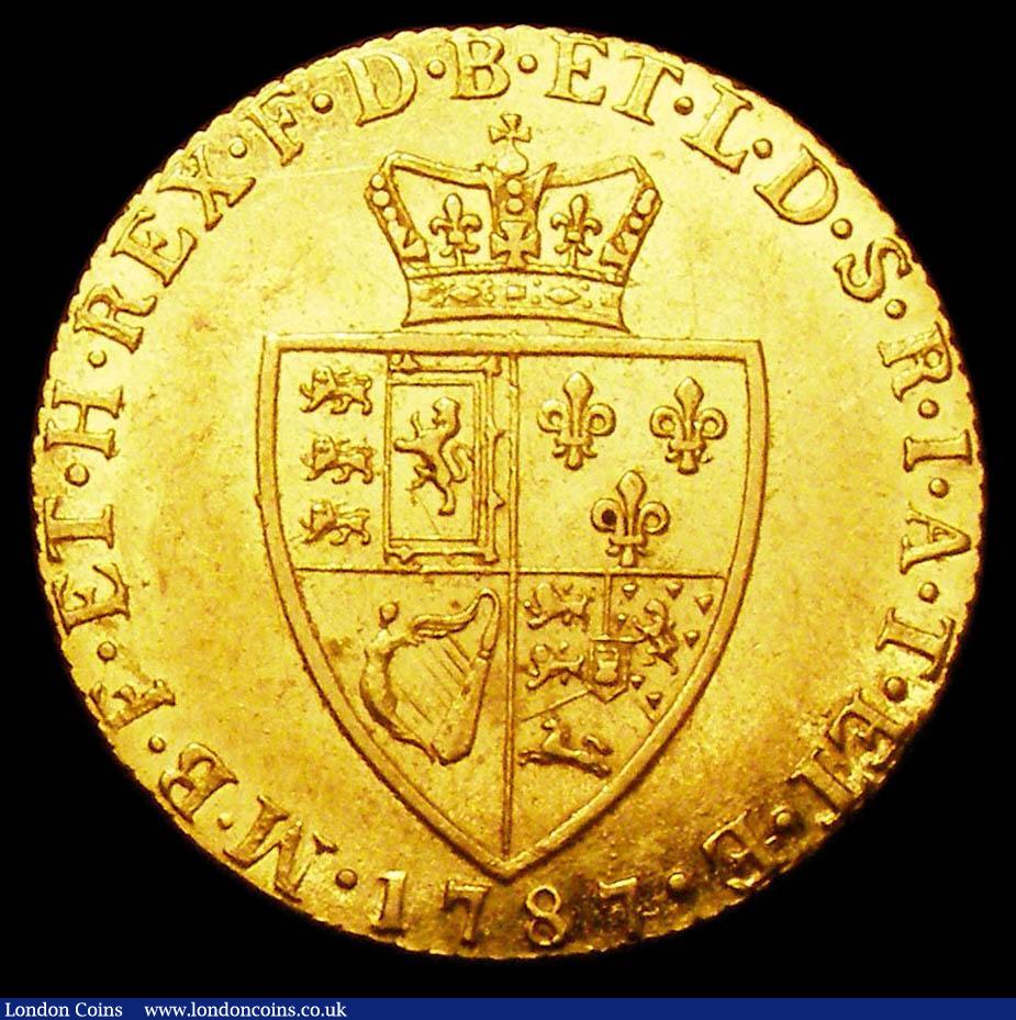 London Coins : A157 : Lot 2233 : Guinea 1787 S.3729 NEF and lustrous the reverse with a few minor hairlines